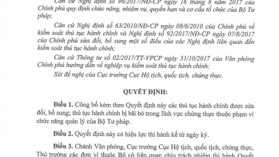 CÔNG BỐ THỦ TỤC HÀNH CHÍNH SỬA ĐỔI, BỔ SUNG TRONG LĨNH VỰC CHỨNG THỰC