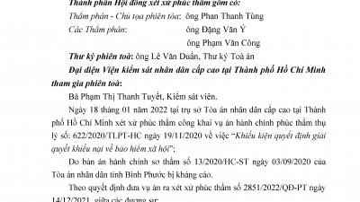 KINH NGHIỆM XÉT XỬ: BẢN ÁN PHÚC THẨM HỦY BẢN ÁN SƠ THẨM VỤ ÁN “KHIẾU KIỆN QUYẾT ĐỊNH GIẢI QUYẾT KHIẾU NẠI VỀ BẢO HIỂM XÃ HỘI”