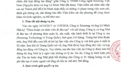 THÔNG BÁO RÚT KINH NGHIỆM VỀ CÔNG TÁC KIỂM SÁT VIỆC GIẢI QUYẾT VỤ TRANH CHẤP VỀ BỒI THƯỜNG CHI PHÍ ĐÀO TẠO VÀ BỒI THƯỜNG DO ĐƠN PHƯƠNG CHẤM DỨT HỢP ĐỒNG LAO ĐỘNG