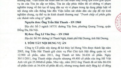 THÔNG BÁO RÚT KINH NGHIỆM: TRANH CHẤP CỔ PHẦN GIỮA CÁC THÀNH VIÊN CÔNG TY