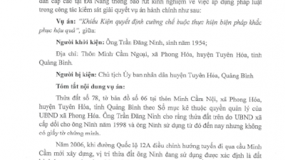THÔNG BÁO RÚT KINH NGHIỆM VỤ ÁN “KHIẾU KIỆN QUYẾT ĐỊNH CƯỠNG CHẾ BUỘC THỰC HIỆN BIỆN PHÁP KHẮC PHỤC HẬU QUẢ”